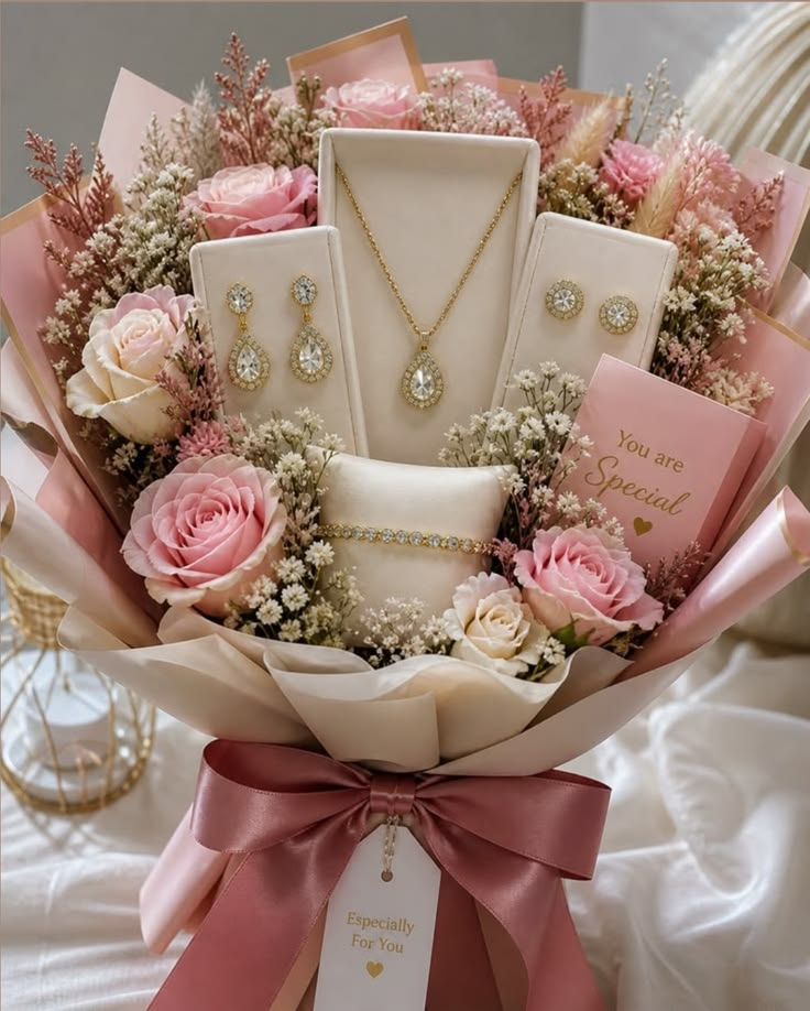 Ramo Luxury Floral con Juego de Joyería Dorada